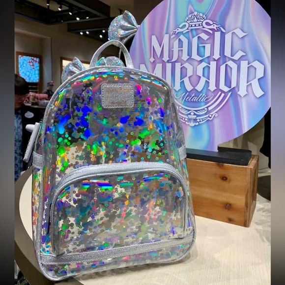 LOUNGEFLY DISNEY Magic Mirror Metallic Silver Holographic Backpack main image 5